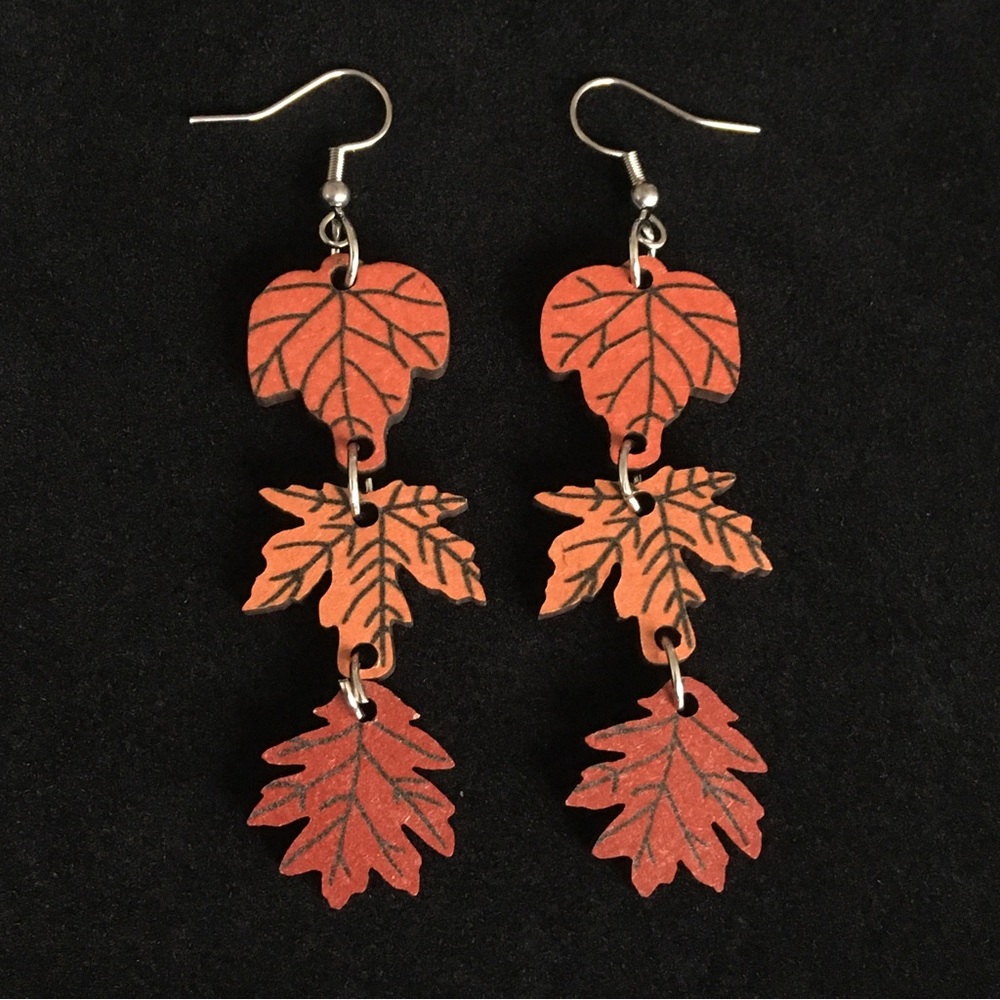 Autumn Wooden Leaf Dangle Earrings - Picture 1 of 6